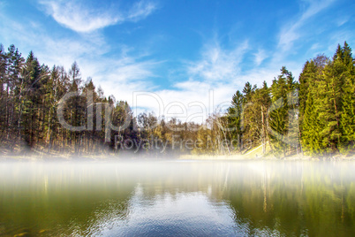 Fog on the lake in the forest