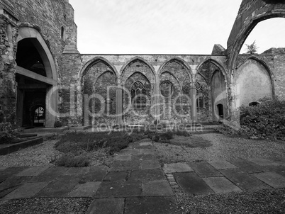 St Peter ruined church in Bristol in black and white