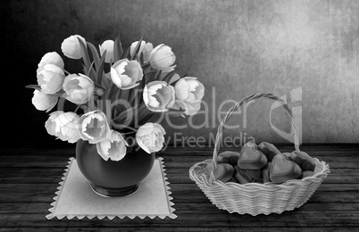 Still life painting: white tulips and candy.3D rendering
