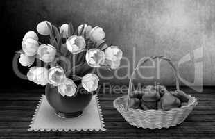 Still life painting: white tulips and candy.3D rendering