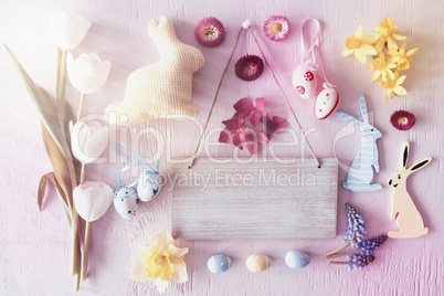 Sunny Retro Easter Flat Lay With Flowers, Copy Space