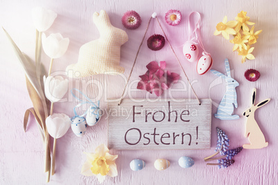 Retro Easter Flat Lay, Flowers, Frohe Ostern Means Happy Easter