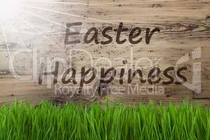 Sunny Wooden Background, Gras, Text Easter Happiness