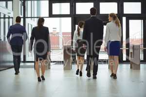 Rear view of businesspeople walking in a lobby