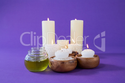 Spa accessories on purple background