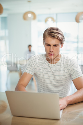Male business executive sitting at desk and using laptop