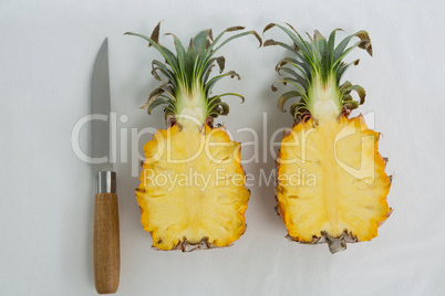 Close-up of pineapple cut into two halves
