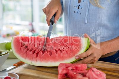 Mid-section of woman cutting fruits on chopping board against white background
