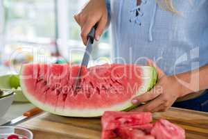 Mid-section of woman cutting fruits on chopping board against white background