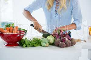 Mid-section of woman cutting vegetables on chopping board