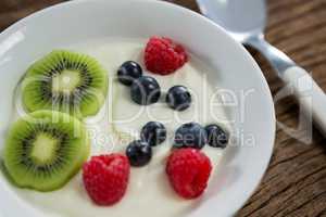 Close-up of various fruits in plate with spoon