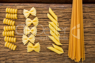 Various pasta arranged in a row