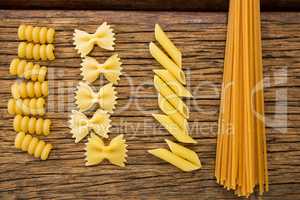 Various pasta arranged in a row