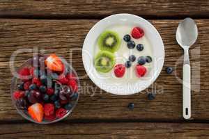 Fresh various fruits in bowl and plate