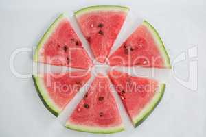 Slices of watermelon arranged on white background