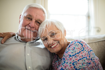 Portrait of happy senior couple embracing each other in living room
