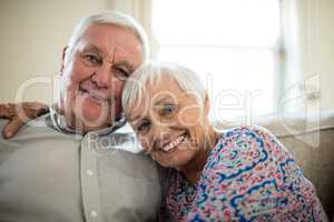 Portrait of happy senior couple embracing each other in living room