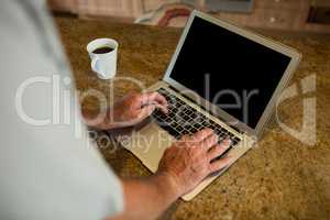Mid-section of senior man using laptop in the kitchen