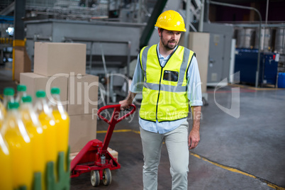 Factory worker pulling trolley of cardboard boxes