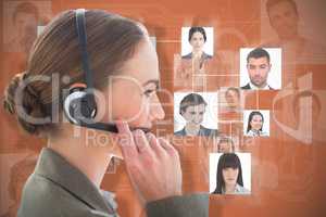 Composite image of smiling businesswoman with headset using computers