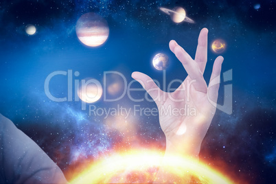 Composite image of hand gesturing against white background 3d