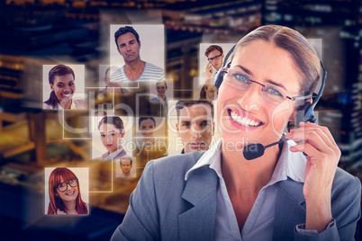 Composite image of portrait of a call center executive wearing headset