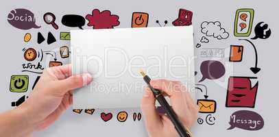 Composite image of hands holding card and pen