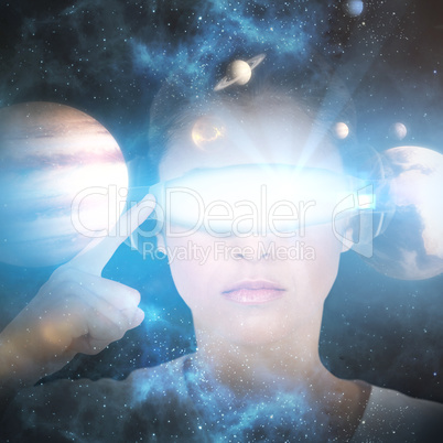 Composite image of woman wearing virtual video glasses 3d