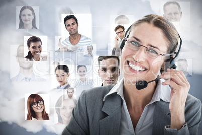 Composite image of portrait of a call center executive wearing headset