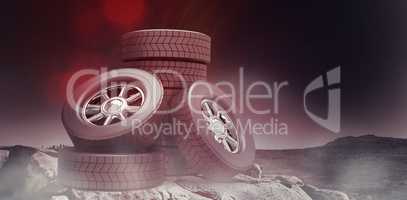 Composite image of row of tyres 3d