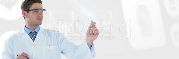 Composite image of doctor pretending to be using futuristic digital tablet