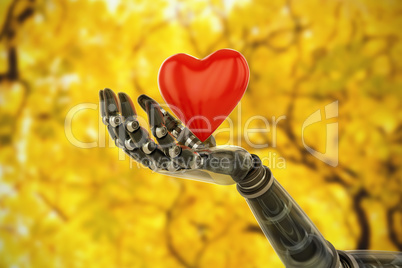Composite image of 3d image of bionic person holding heard shape decoration