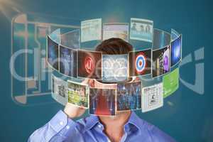 Composite image of handsome man with virtual video glasses 3d