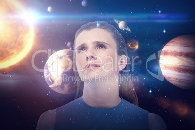 Composite image of low angle view of sad woman looking up 3d