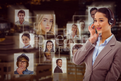 Composite image of portrait of a focused operator posing with a headset