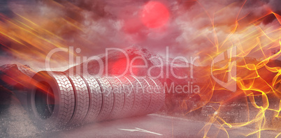 Composite image of digital image of black rubber tyre 3d