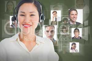 Composite image of beautiful smiling female executive with headset