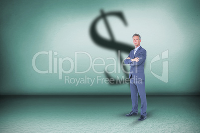 Composite image of businessman standing arms crossed over white background