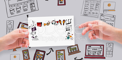 Composite image of hands holding card