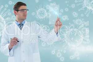 Composite image of doctor pretending to be using futuristic digital tablet 3d