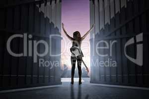 Composite image of pretty young girl with her guitar raising arms 3d