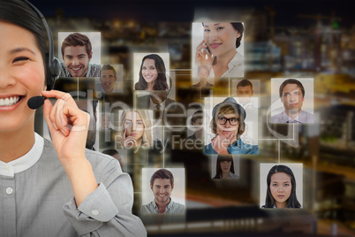 Composite image of smiling businesswoman with headset on