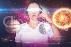 Composite image of beautiful woman with virtual video glasses 3d