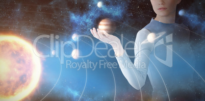 Composite image of beautiful young woman gesturing 3d