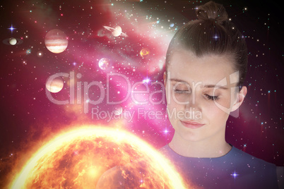 Composite image of close up of beautiful woman meditating 3d