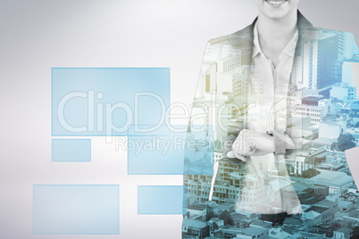 Composite image of businesswoman wearing smartwatch 3d