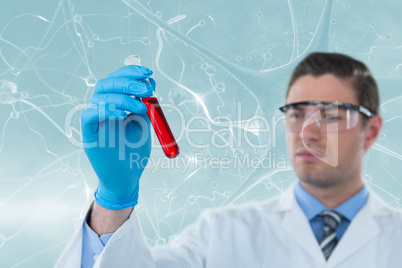 Composite image of doctor in protective glasses and surgical mask holding test tube 3d