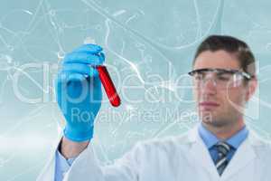 Composite image of doctor in protective glasses and surgical mask holding test tube 3d