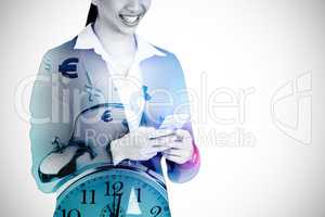 Composite image of smiling businesswoman holding mobile phone 3d