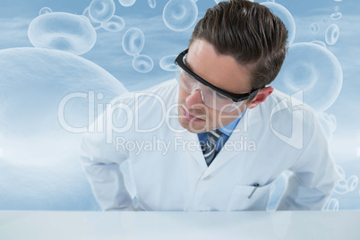 Composite image of doctor wearing protective eyewear 3d